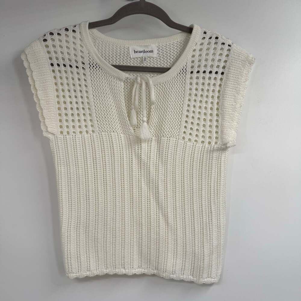 Heartloom Open Knit Tassel Tie Sweater Top Womens S White Cotton Blend Bohemian